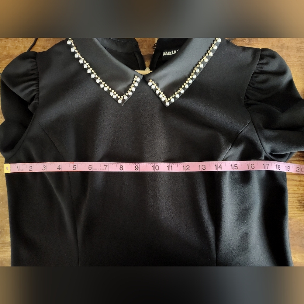 Karl Lagerfeld Black, Pearl Embellished- Gold Tone Mini Dress Size 12 $150 - Picture 11 of 15